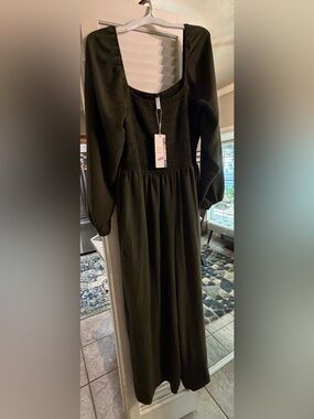 Flowy Olive Green Romper with Long Puff Sleeves